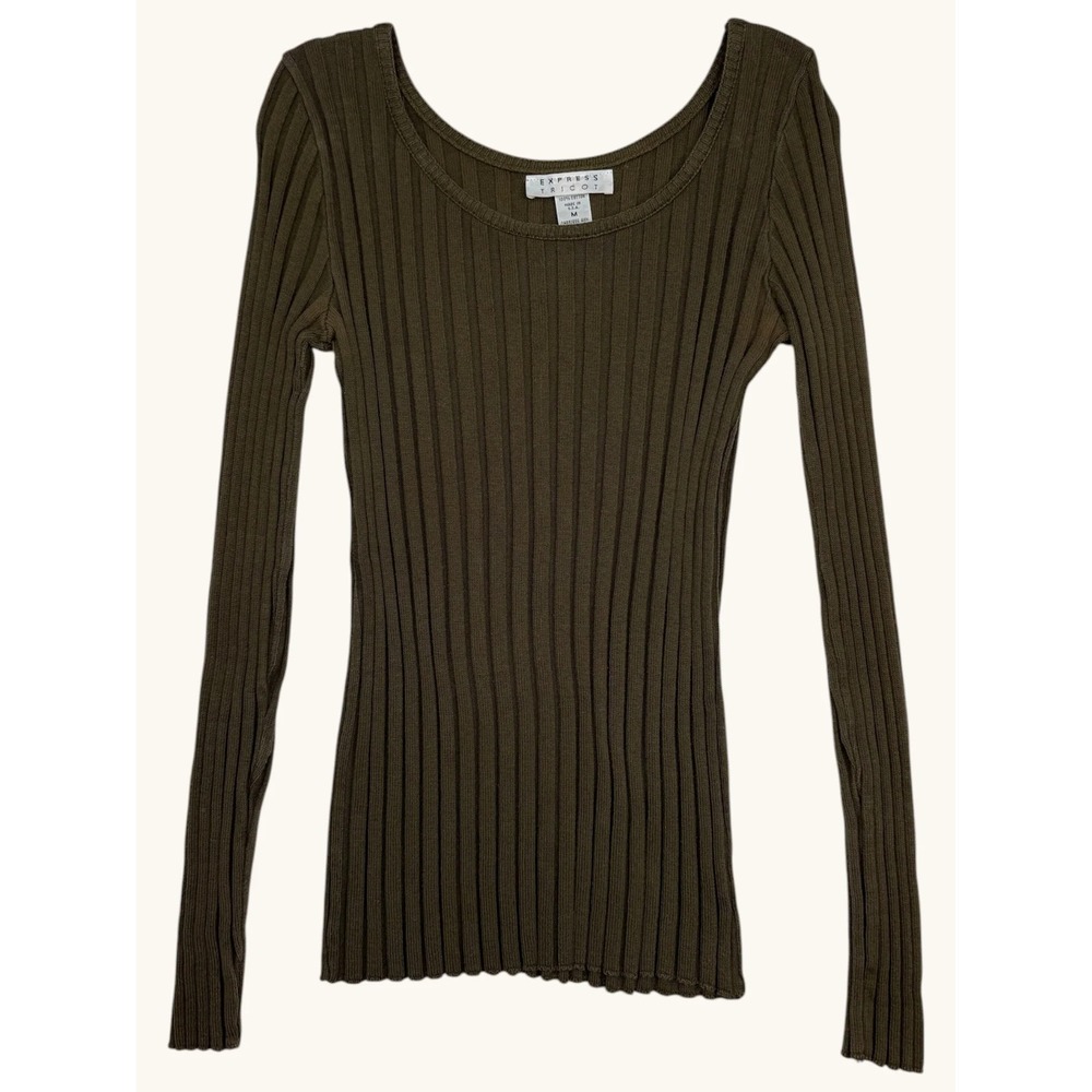 Express Tricot Womens Medium Olive Green Ribbed Knit Scoop Neck Long Sleeve Top